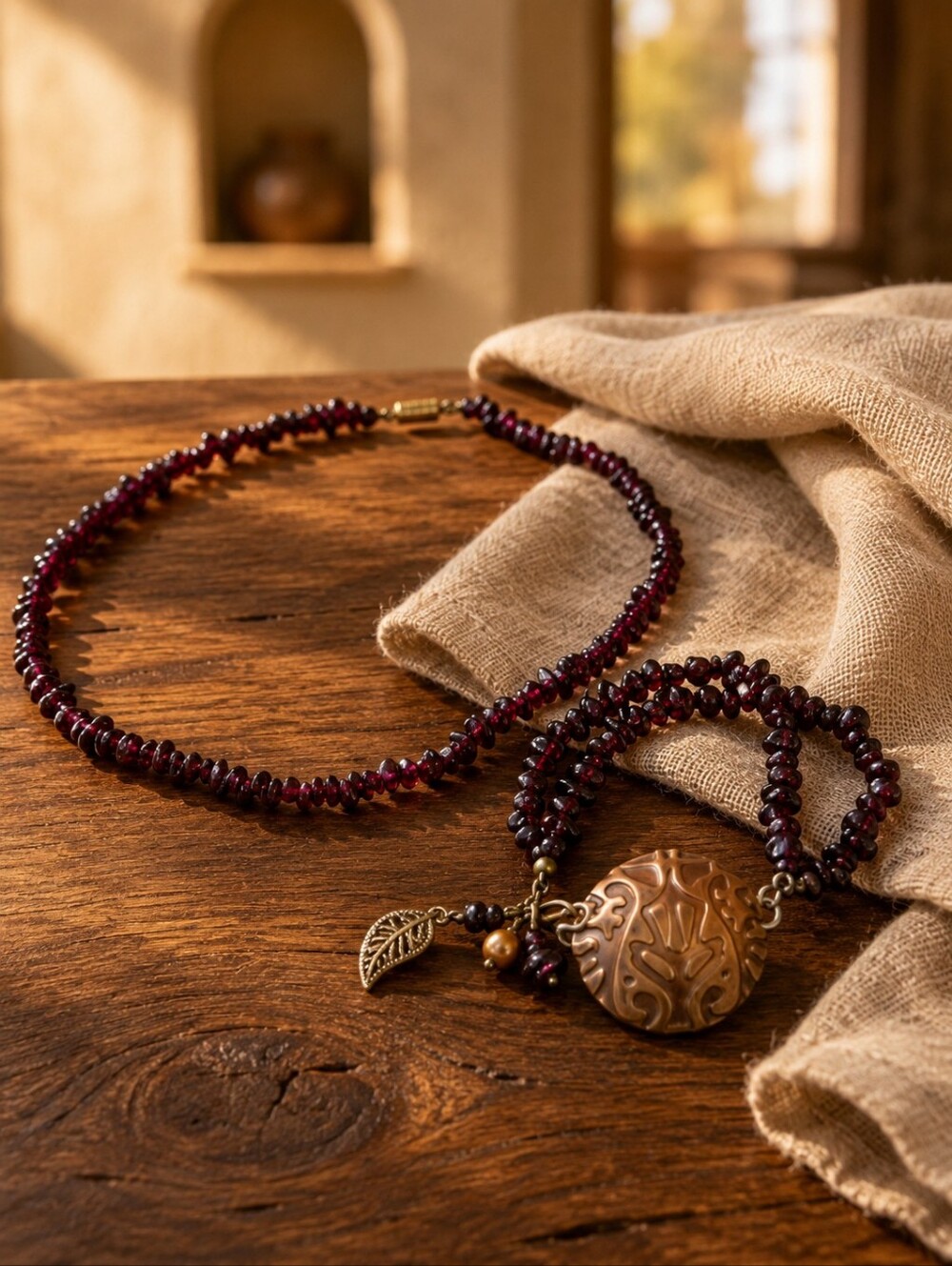 Vintage Garnet Nugget Necklace Bracelet Set Copper Medallion Boho Artisan